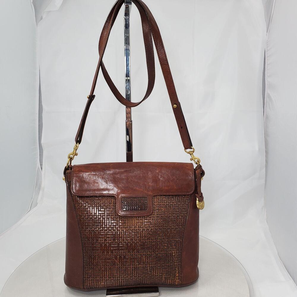 Vintage Brahmin Basket Weave Brown Leather Crossbody Bag Medium Adjustable Strap